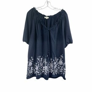 Indigo Rose Floral Blue and White Bell Sleeve Blouse with Tie Front Size 2X